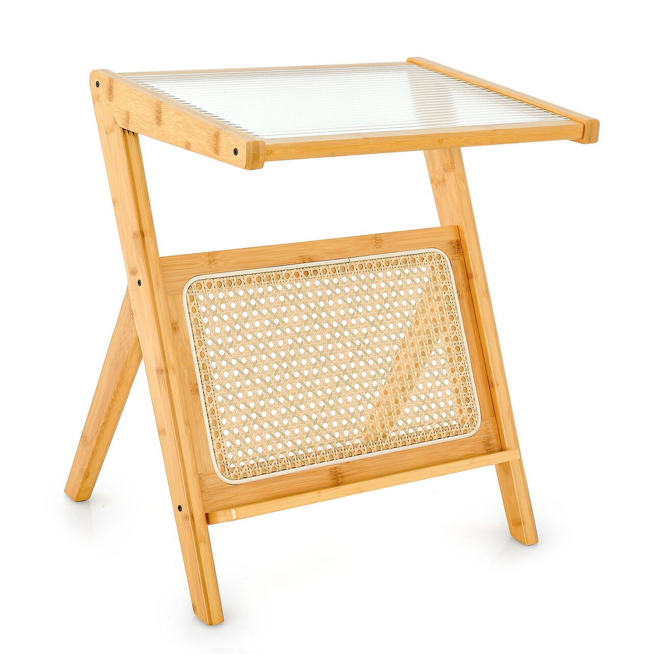 Boho End Table Wicker Rattan Glass Top Side Table Z Shaped Frame Nightstand Magazine Storage Shelf Accent Table Living Room